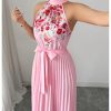 Women's Summer Floral Halter Maxi Dress Sleeveless Pleated A Line Flowy Belted Long Dresses
