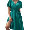 410IfWeZfL.jpg Women's Dresses for Summer V Neck Solid Belt Short Sleeve Knee Length Beach Dress