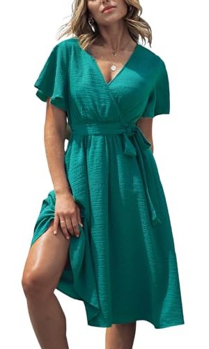 Women's Dresses for Summer V Neck Solid Belt Short Sleeve Knee Length Beach Dress