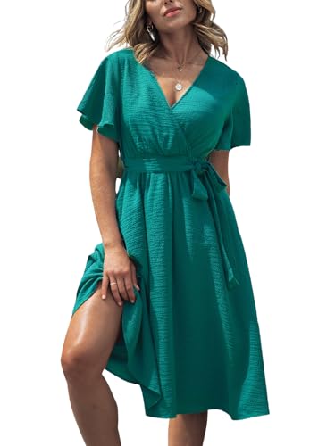 410IfWeZfL.jpg Women's Dresses for Summer V Neck Solid Belt Short Sleeve Knee Length Beach Dress