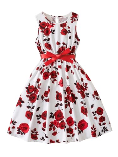 Girl's Floral Midi Dress Crew Neck Sleeveless Bow Knot A Line Summer Boho Tank Dresses
