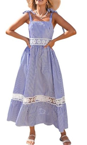 Women's Summer Dresses Sleeveless Straps Striped Casual Lace A Line Long Formal Maxi Dress