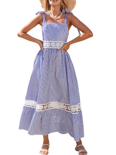 Women's Summer Dresses Sleeveless Straps Striped Casual Lace A Line Long Formal Maxi Dress