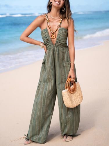 410qYRuH5mL.jpg Women's Summer Jumpsuit Plunging Halter Sleeveless Striped Casual Dressy Outfit Wide Leg Pockets Maxi Overall