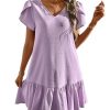 Women's Ruffle Puff Short Sleeve V Neck Textured Summer Short Dresses