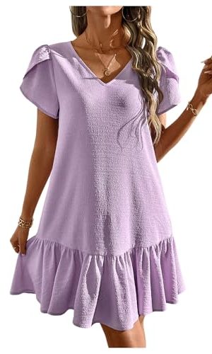 Women's Ruffle Puff Short Sleeve V Neck Textured Summer Short Dresses