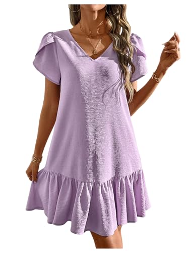 Women's Ruffle Puff Short Sleeve V Neck Textured Summer Short Dresses