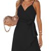 Women Spaghetti Strap Summer Dress Surplice V Neck Wrap Waist Tie Casual Beach Sundress Holiday Vacation Mini Dress