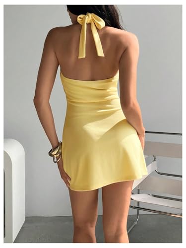 411IdtUrEeL.jpg Women's Deep V Neck Halter Fitted Mini Dress Button Down Sleeveless Summer Vacation Dresses