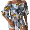 Women's Ruffle Half Sleeve Off Shoulder Knot Front Floral Crop Blouses