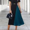 Women's Color Block Pleated Dress Casual Short Sleeve Round Neck A Line Midi Dresses