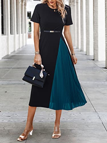 Women's Color Block Pleated Dress Casual Short Sleeve Round Neck A Line Midi Dresses
