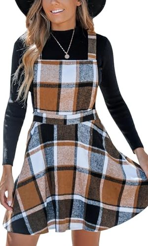 411gZRny6dL.jpg Women's Overall Dress Square Neck Plaid Sleeveless Casual Short A Line Cute Fall Mini Pinafore Dresses