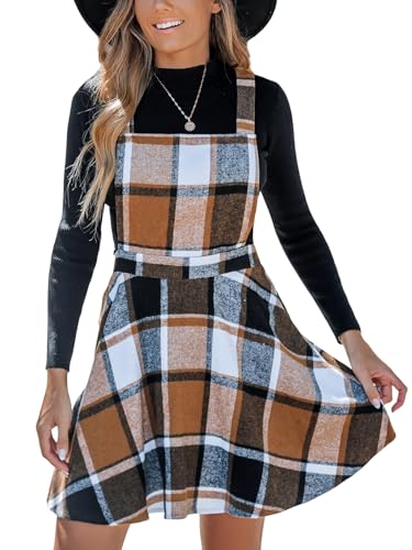 Women's Overall Dress Square Neck Plaid Sleeveless Casual Short A Line Cute Fall Mini Pinafore Dresses
