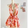 Women's Summer Floral Halter Deep Dowl Neck Dress Ruffle Beach Vacation Flowy Mini Sundresses