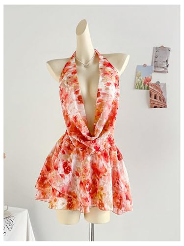 Women's Summer Floral Halter Deep Dowl Neck Dress Ruffle Beach Vacation Flowy Mini Sundresses