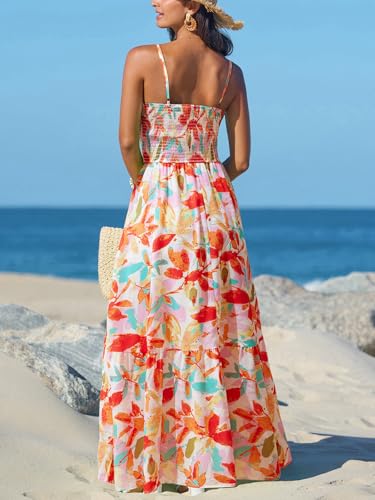 411vqKBYZL.jpg Women's Vacation Summer Dresses Tropical V Neck Elastic Waist Sleeveless Spaghetti Strap Smocked Maxi Dress