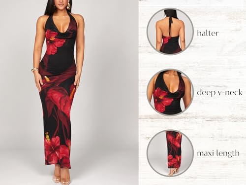 Women's Floral Halter Maxi Dress Draped Cowl Neck Backless Bodycon Wedding Guest Party Mesh Cocktail Long Dresses
