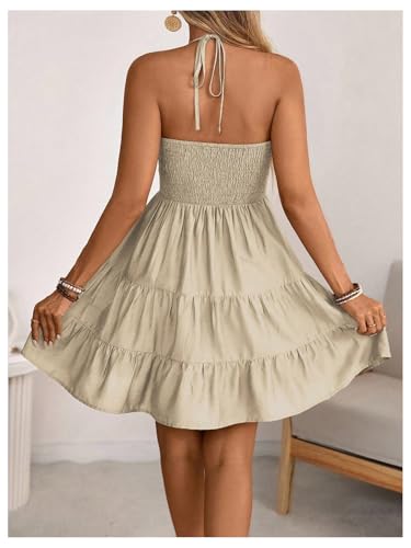 Women's Summer Mini Dress Halter Backless Sleeveless A Line Ruffle Hem Flowy Cami Dresses Sundress