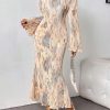 Women's Tie Dye Bodycon Dress Pleated Bell Sleeves Fishtail Party Long Dresses
