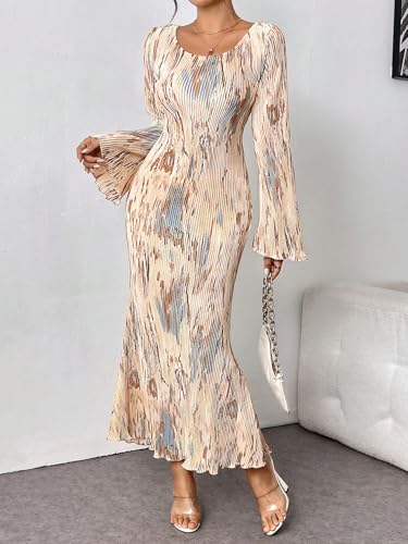 Women's Tie Dye Bodycon Dress Pleated Bell Sleeves Fishtail Party Long Dresses