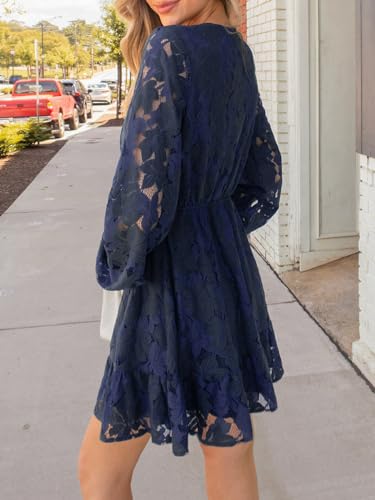 Women Elegant V Neck Lace Peasant Sleeve Mini Summer Dress Elastic High Waist A Line Casual Wedding Guest Dress