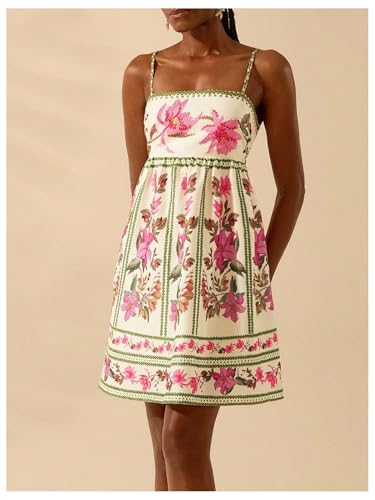 Women's Floral Print Cami Dress Spaghetti Strap A Line Flared Flowy Short Summer Dresses Sundress