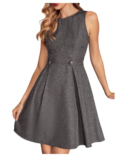 412ynZfcKbL.jpg Women's Sleeveless Dresses Elegant A-Line Button Loop Decor Round Neck Sundresses