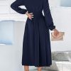 4136RwsrspL.jpg Fall Dresses for Women V Neck Long Sleeve Tunic Waist Slit Solid Color A Line Midi Casual Dress