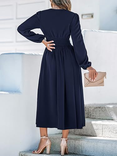 4136RwsrspL.jpg Fall Dresses for Women V Neck Long Sleeve Tunic Waist Slit Solid Color A Line Midi Casual Dress