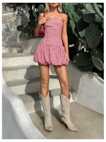 413DFF6w8mL.jpg Women's Plaid Strapless Bubble Dress Sleeveless Ruffle Mini Tube Dresses
