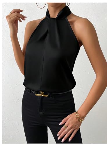 413Iy0JYzdL.jpg Womens Elegant Twist Front Halter Sleeveless Satin Blouse Keyhole Back Tank Top