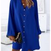 413RL2CT6BL.jpg Women's V Neck Pullover Shirt Dress A Line Long Lantern Sleeve Flared Loose Mini Dresses