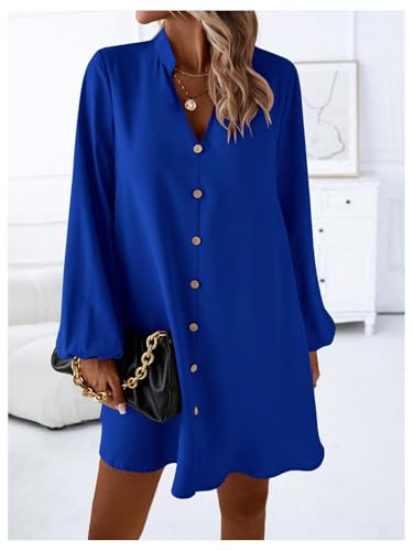 413RL2CT6BL.jpg Women's V Neck Pullover Shirt Dress A Line Long Lantern Sleeve Flared Loose Mini Dresses