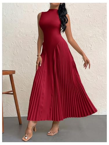 Women's Maxi Dress Sleeveless Pleated A Line Mock Neck Flowy Long Dresses