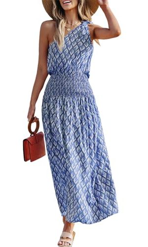 413zjmtuUlL.jpg Women's Maxi Dress One Shoulder Sleeveless Smocked Floral Printed Self Tie Boho Long Dress Summer Dress Blue Floral, S