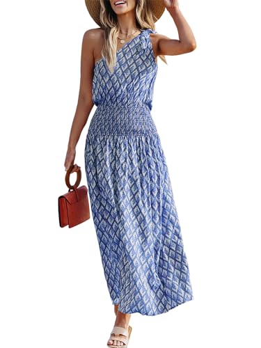 413zjmtuUlL.jpg Women's Maxi Dress One Shoulder Sleeveless Smocked Floral Printed Self Tie Boho Long Dress Summer Dress Blue Floral, S
