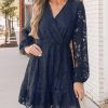 Women Elegant V Neck Lace Peasant Sleeve Mini Summer Dress Elastic High Waist A Line Casual Wedding Guest Dress