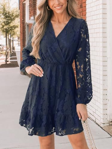 Women Elegant V Neck Lace Peasant Sleeve Mini Summer Dress Elastic High Waist A Line Casual Wedding Guest Dress