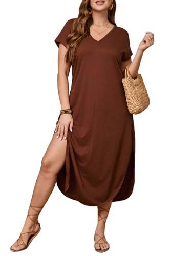 Women's Plus Size Summer Dress V Neck Short Sleeve Split Hem Midi Dresses