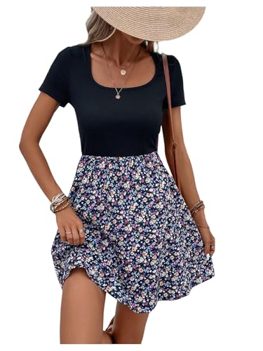 Women's Elegant Floral Dresses Scoop Neck Short Sleeve Short Dress for Women 2025