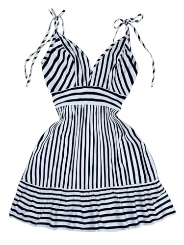 Women's Striped Sleeveless Spaghetti Strap Mini Dress V Neck A Line Short Sundress