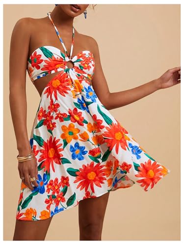 4157mnusTL.jpg Women's Floral Print Cut Out Sleeveless Halter Mini Dress Holiday Flowy Vacation Dresses
