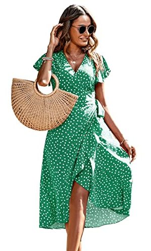 Women's Polka Dots Short Sleeve V Neck Wrap Dress Tie Side Ruffle Midi Dresses