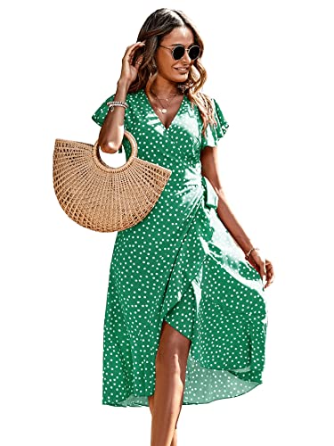 415BEpGKqpL.jpg Women's Polka Dots Short Sleeve V Neck Wrap Dress Tie Side Ruffle Midi Dresses