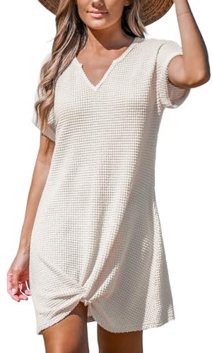 Women Waffle Knit Bathing Suit Cover Up Short Sleeve Twist Hem Swimsuit Coverup for Summer Vacation