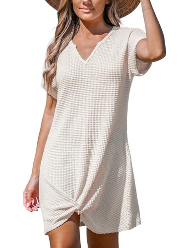 Women Waffle Knit Bathing Suit Cover Up Short Sleeve Twist Hem Swimsuit Coverup for Summer Vacation