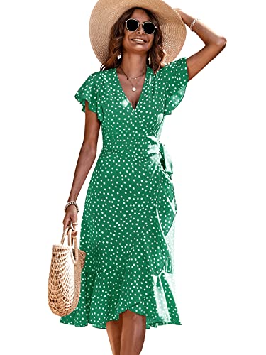 416ApRjLNKL.jpg Women's Polka Dots Short Sleeve V Neck Wrap Dress Tie Side Ruffle Midi Dresses