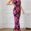 Women's Floral Print Mesh Halter Bodycon Dress Cowl Neck Tie Backless Maxi Dresses