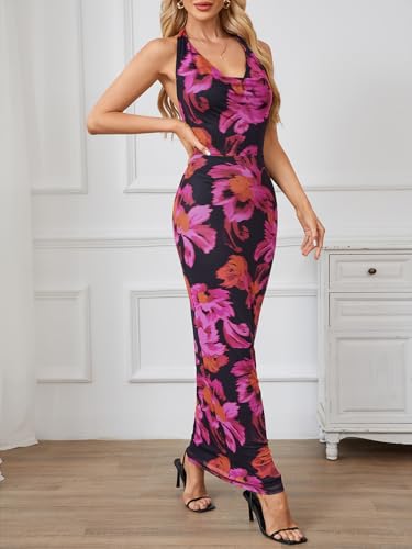 Women's Floral Print Mesh Halter Bodycon Dress Cowl Neck Tie Backless Maxi Dresses